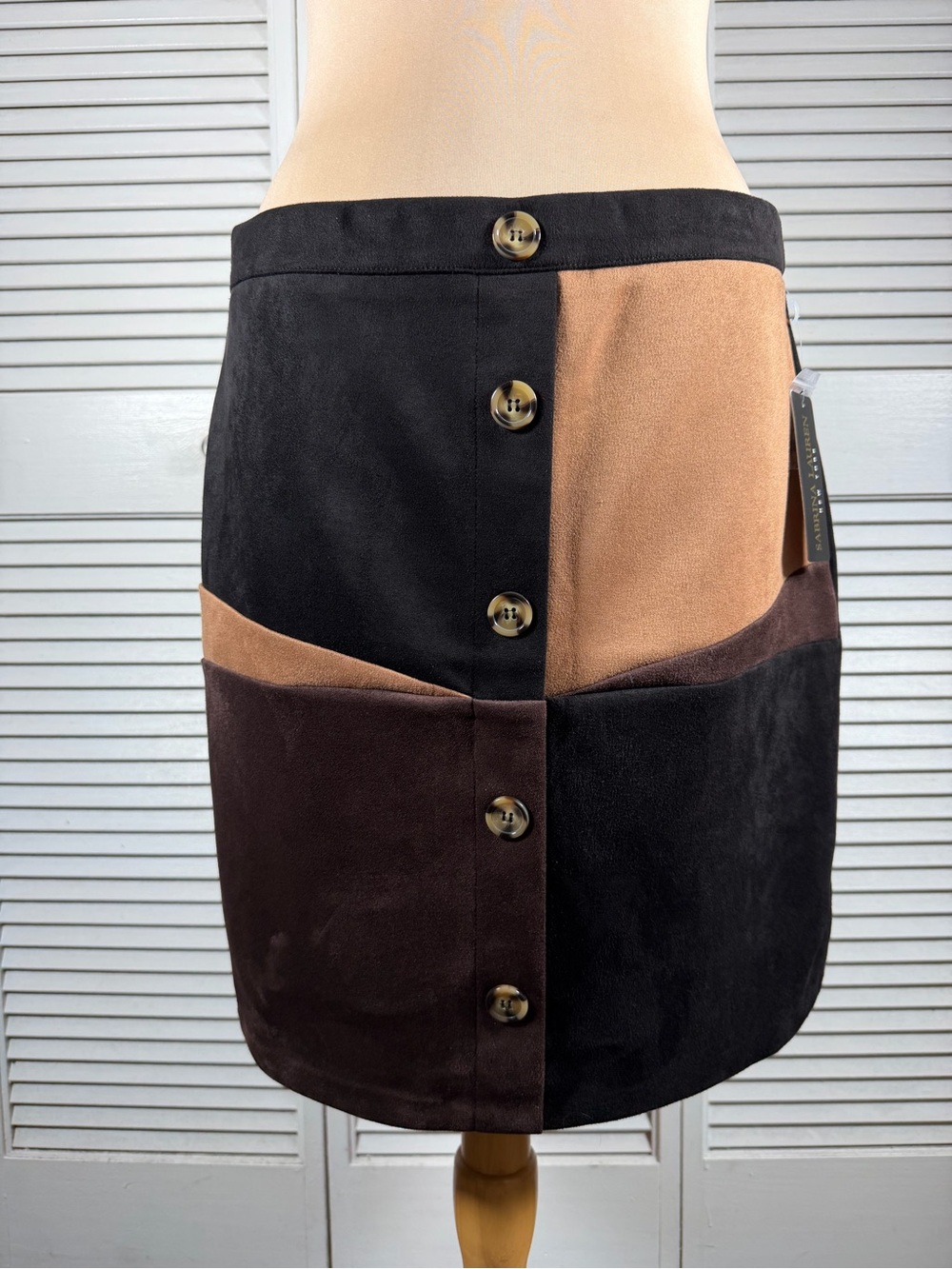 Sabrina Lauren Color Block Faux Suede Button Front Mini Skirt Brown Black L NWT